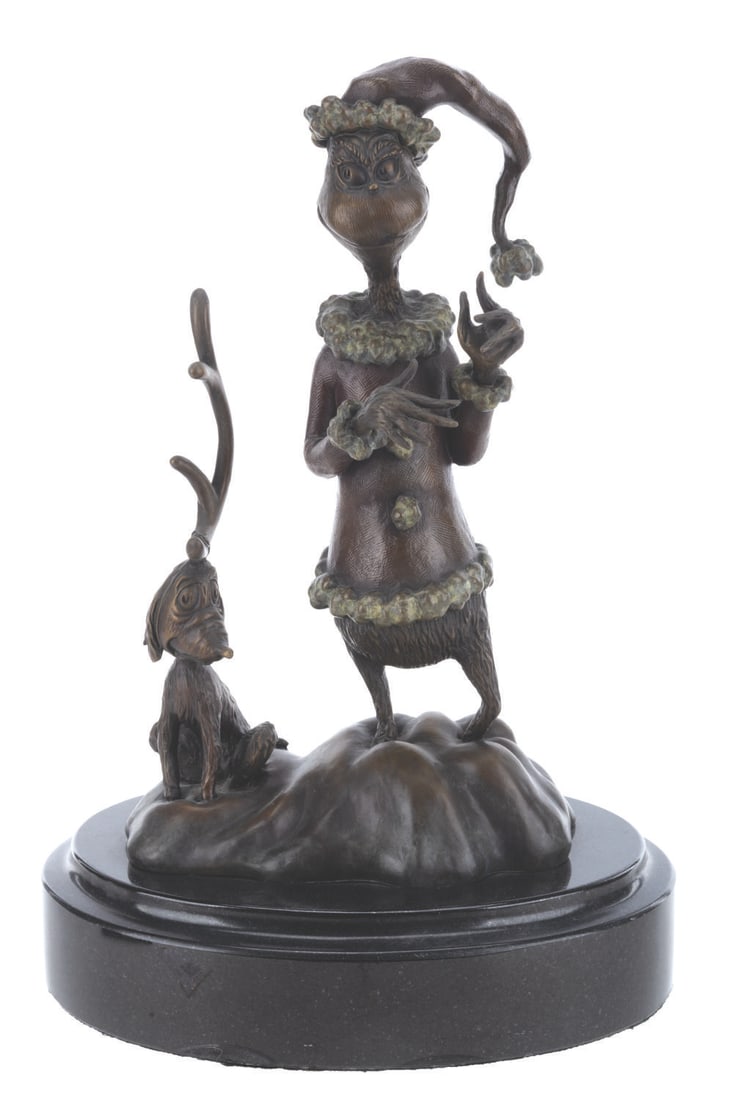 A How the Grinch Stole Christmas Limited Edition Bronze Sculpture.: (Rijn, 2007) A bronze sculpture by artist Leo Rijn of the Grinch and Max from Dr. Seuss' How the Grinch Stole Christmas. Released in a limited edition, the piece is numbered 158/195. Measuring 8.75" x