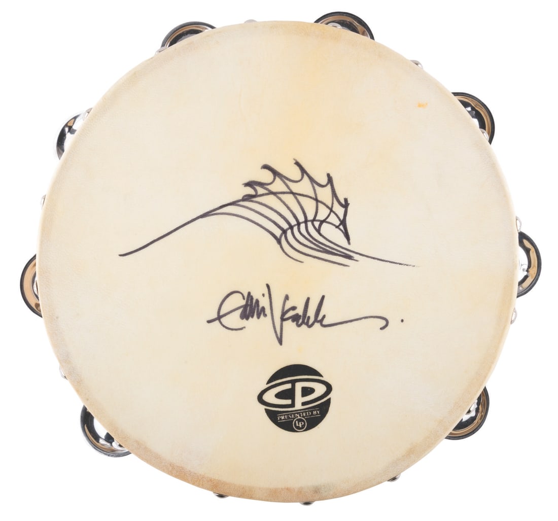 Eddie Vedder's Hand-Illustrated LP Tambourine.: (Latin Percussion, 2020) Eddie Vedder's Cosmic Percussion tambourine by Latin Percussion. The musical instrument consists of a wooden shell containing eight nickel-silver alloy jingles, covered with a