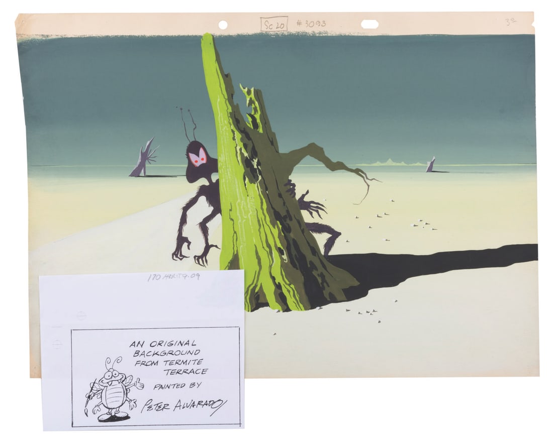 A "So Much for So Little" Original Production Background.: (Warner Bros., 1949) An original production background from the short "So Much for So Little," hand-painted by artist Pete Alvarado. The art depicts an otherworldly take on whooping cough, one of the