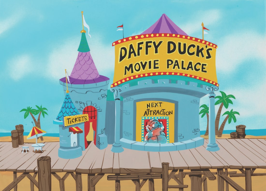 A "Daffy Duck's Fantastic Island" Production Background.: (Warner Bros., 1983) An original production background of Daffy Duck's Movie Palace from the animated anthology film "Daffy Duck's Fantastic Island." Measuring 10.5" x 13.5", the hand-painted