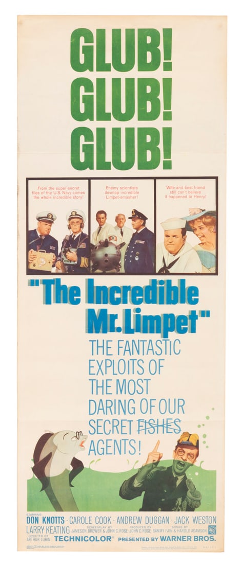 A "The Incredible Mr. Limpet" Insert Poster.: (Warner Bros., 1964) An original insert poster for the live-action and animated "The Incredible Mr. Limpet" starring Don Knotts and Carole Cook. Measuring 14" x 36" the poster is in very good