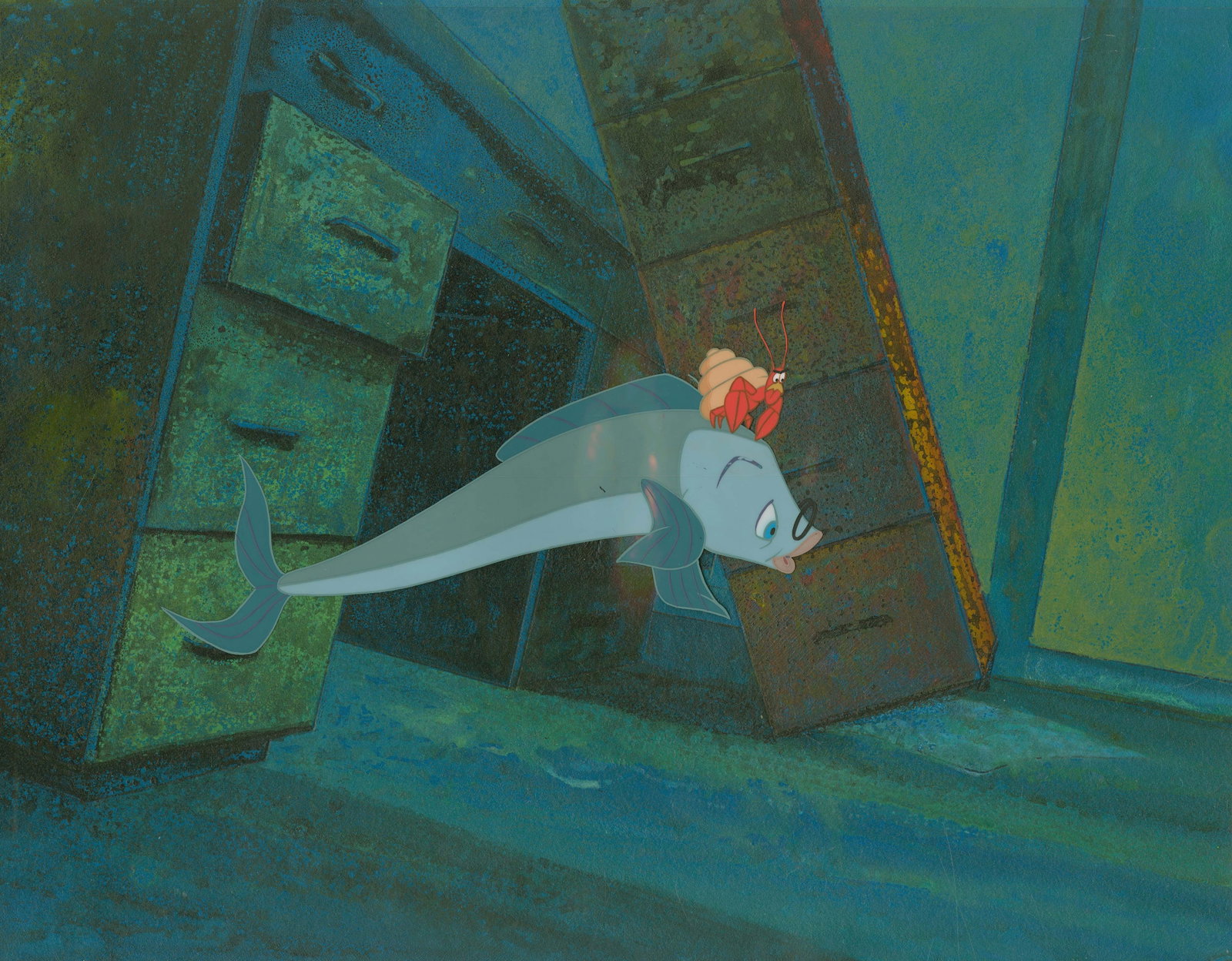 A "The Incredible Mr. Limpet" Crusty Production Cel.: (Warner Bros., 1964) An original production cel of Crusty the Crab from "The Incredible Mr. Limpet," with a color copy background. Crusty has an image size of 4.5" x 4" on a 10.5" x 12.5" cel. The cel