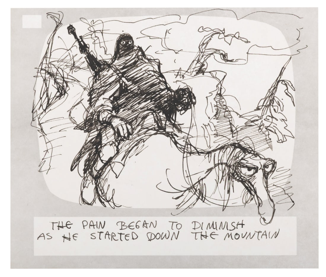 A "Wizards" Original Storyboard Drawing.: (20th Century-Fox, 1977) An original storyboard panel from the Ralph Bakshi animated film "Wizards." This drawing of Peace was accomplished in ink and marker by artist Dave Jonas. Measuring 6.75" x