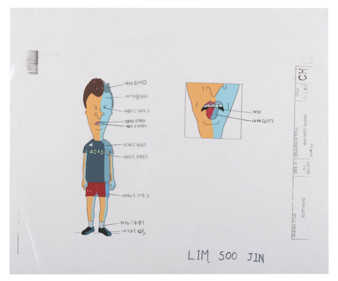 A "Beavis and Butt-Head Do America" Model Cel.: (Paramount, 1996) An original hand-painted model cel of Butt-Head from the animated feature film "Beavis and Butt-Head Do America."This cel is labeled for the scene where the dimwitted duo meets the