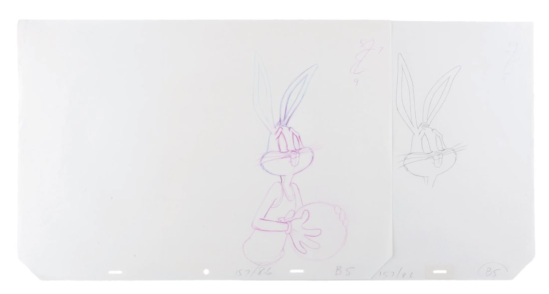 A Pair of "Space Jam" Bugs Bunny Production Drawings.: (Warner Bros., 1996) A pair of original production drawings of Bugs Bunny from the live-action and animated film "Space Jam." With image sizes ranging from 3.25" x 6" to 4.75" x 9.5" on 11.5" x 16.5" 