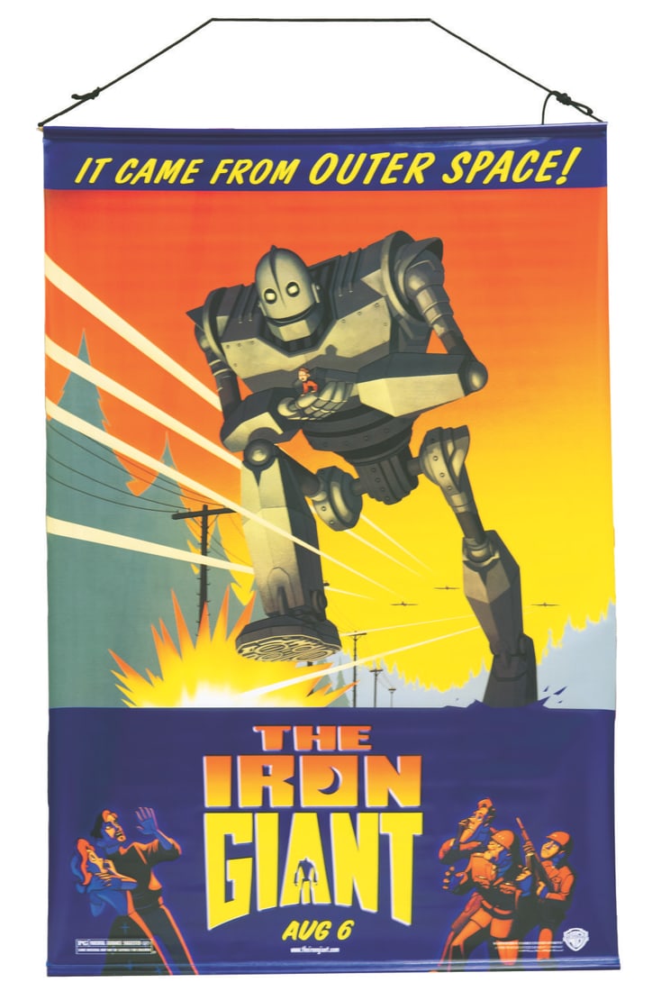A Large "The Iron Giant" Banner.: (Warner Bros., 1999) An incredible large vinyl banner for the theatrical release of Brad Bird's animated classic "The Iron Giant." Measuring 48" x 72", the banner displays in fine condition with