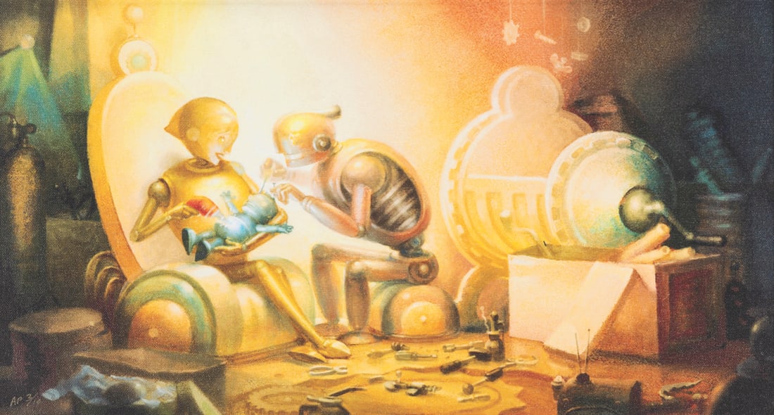 A "Robots" Framed Artist's Proof Giclee on Canvas.: (20th Century-Fox, 2005) An artist's proof giclee on canvas print of baby Rodney and his parents from the Blue Sky Studios animated film "Robots." This artist's proof was released in a limited