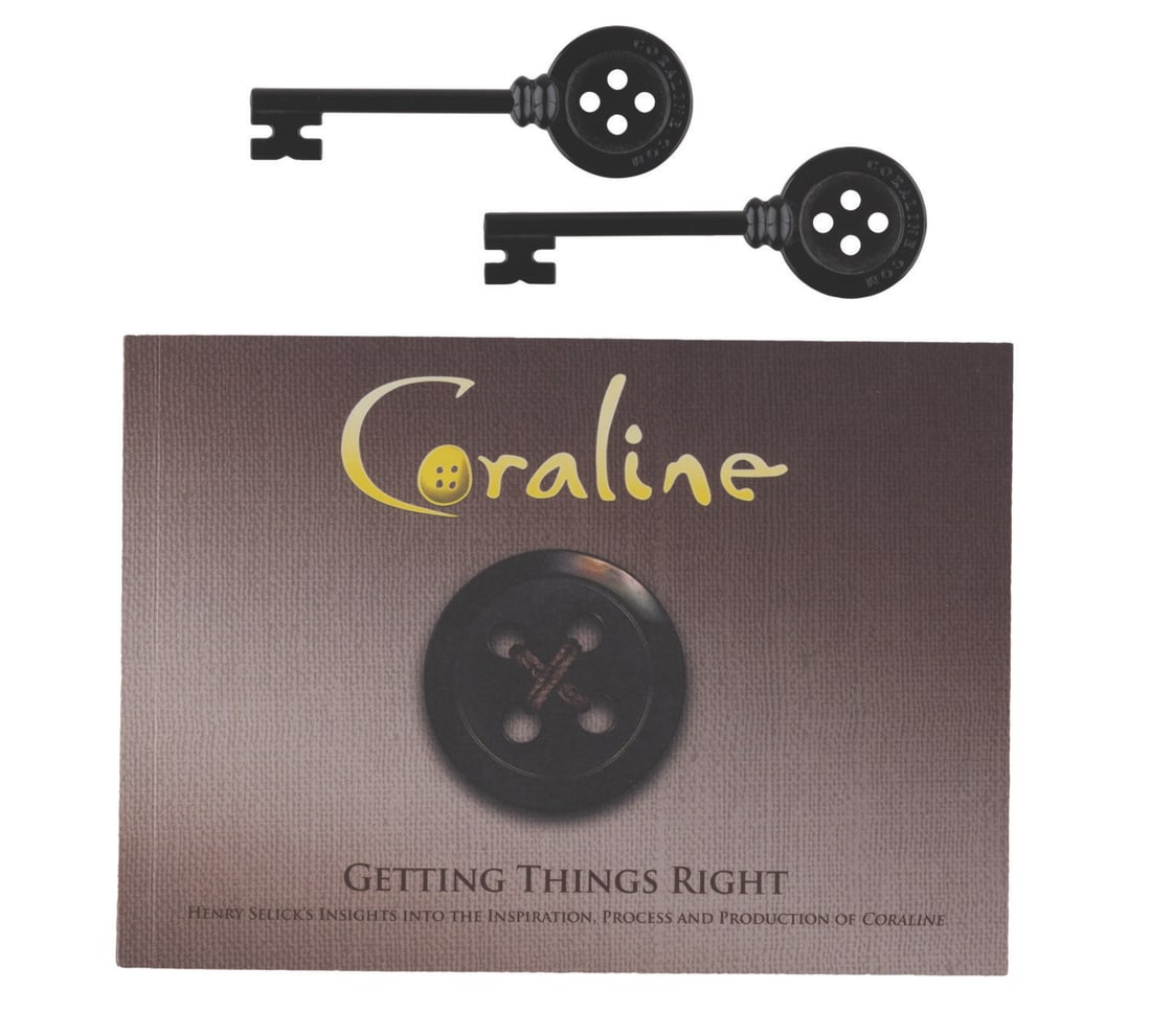 A Coraline: Getting Things Right Book and Keys.: (Laika, 2009) A Coraline: Getting Things Right book, written by Henry Selick, the film's director, and a pair of Coraline-branded button keys. The book features notes by Henry Selick on his process