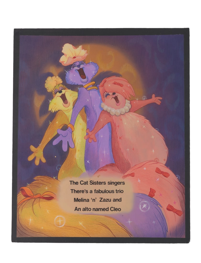 "Banjo the Woodpile Cat" Original Pitch Art.: (Bluth, 1979) Original pitch artwork for the Don Bluth independent short "Banjo the Woodpile Cat" featuring Cat Sisters Melina, Zazu, and Cleo. "Banjo" was the first film produced by Bluth