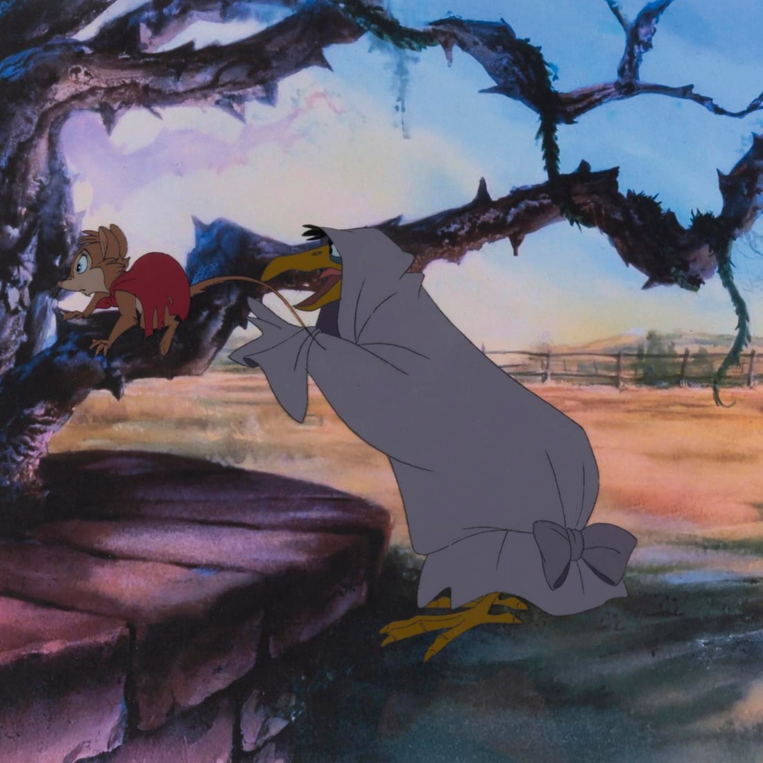 A "The Secret of NIMH" Original Production Cel.: (MGM/United Artists, 1982) An original multi-layer production cel of Mrs. Brisby and Jeremy from "The Secret of NIMH," with a color copy background. The characters have an image size of 6.26" x 8.25"
