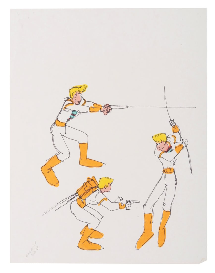 A "Space Ace" Original Model Drawing.: (Bluth, 1983) A page of original model drawings of Dexter in action from "Space Ace," the LaserDisc video game by legendary animator Don Bluth. Dexter has an image size of 6.75" x 7" on 8.5" x 11"
