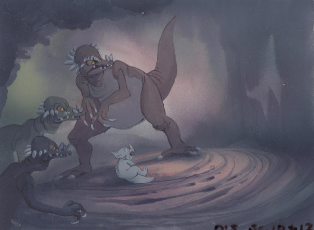 A "The Land Before Time" Color Key Concept Painting.: (Universal, 1988) An original color key concept painting featuring Cera and two Domeheads from the Don Bluth Studios film "The Land Before Time." Color keys are preliminary paintings created to