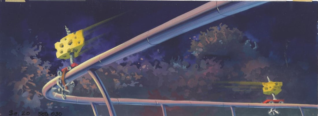 An "All Dogs Go to Heaven" Color Key Concept Painting.: (MGM/United Artists, 1989) An original color key concept painting of cheese zooming around the track during the rat race from the Don Bluth Studios film "All Dogs Go to Heaven." Color keys are