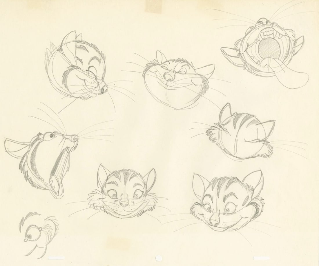 A "Dragon's Lair II: Time Warp" Cheshire Cat Original Model Drawing.: (Bluth, 1990) A rare original model drawing for the Cheshire Cat from Don Bluth's LaserDisc video game sequel "Dragon's Lair II: Time Warp." The game's hero, Dirk, encounters the Cheshire Cat and
