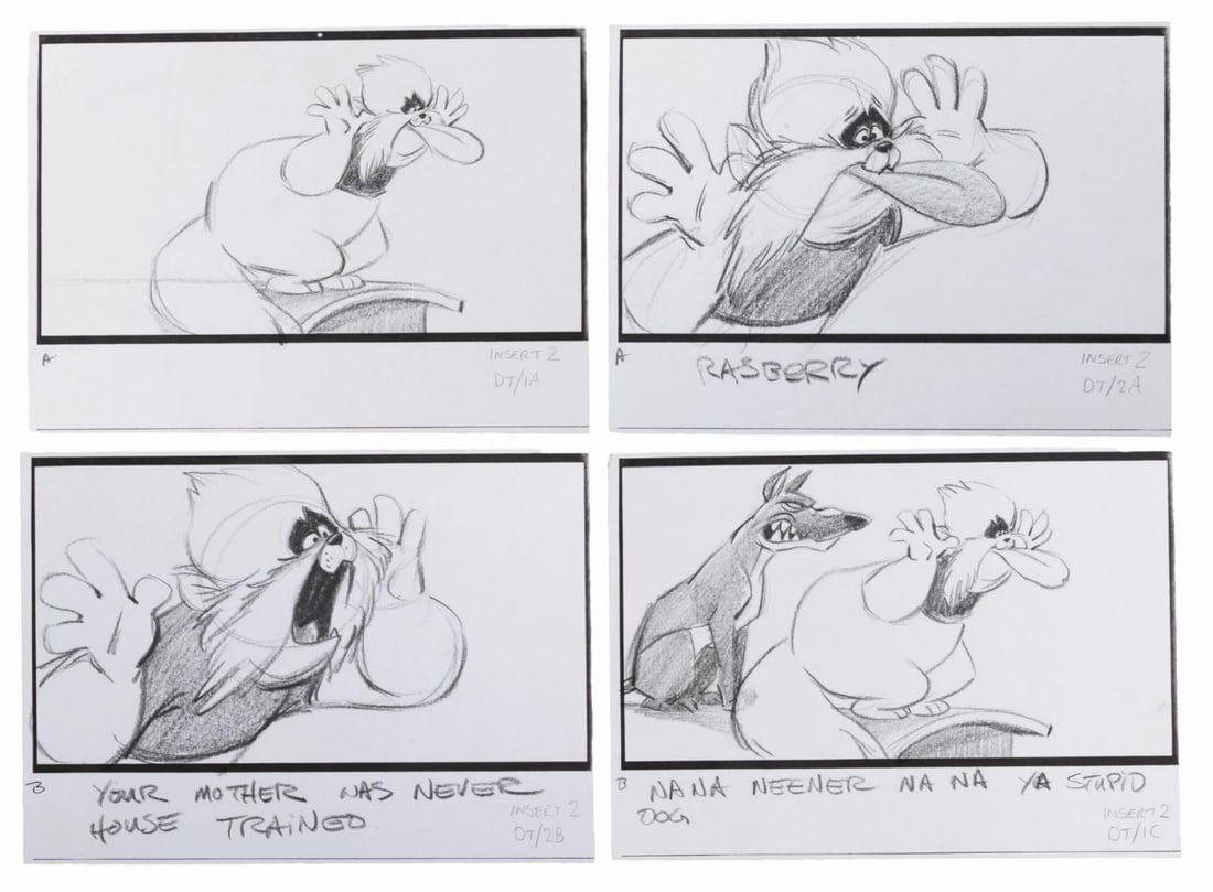 A Set of "An American Tail: Fievel Goes West" Storyboard Drawings.: (Universal, 1991) A set of four original storyboard drawings from the Don Bluth film "An American Tail: Fievel Goes West." The graphite art depicts Tiger, voiced by Dom DeLuise, taunting a group of