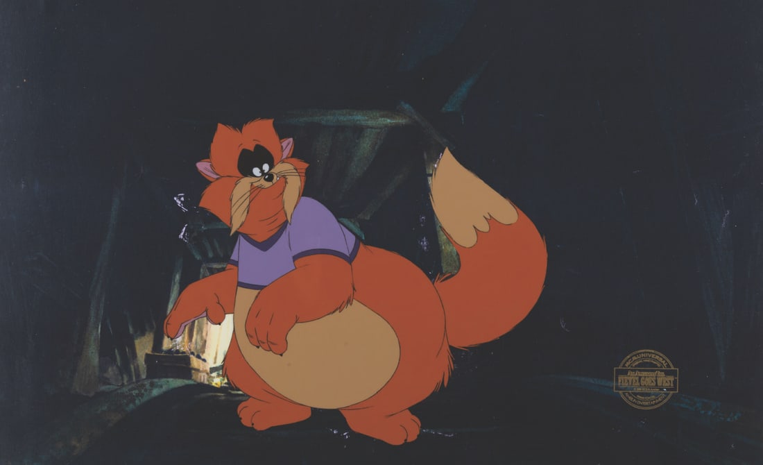 "An American Tail: Fievel Goes West" Production Cel & Spielberg Signature.: (Universal, 1991-92) An original hand-painted production cel of Tiger from the Amblin animated sequel "An American Tail: Fievel Goes West," paired with a color copy background. Included is a letter