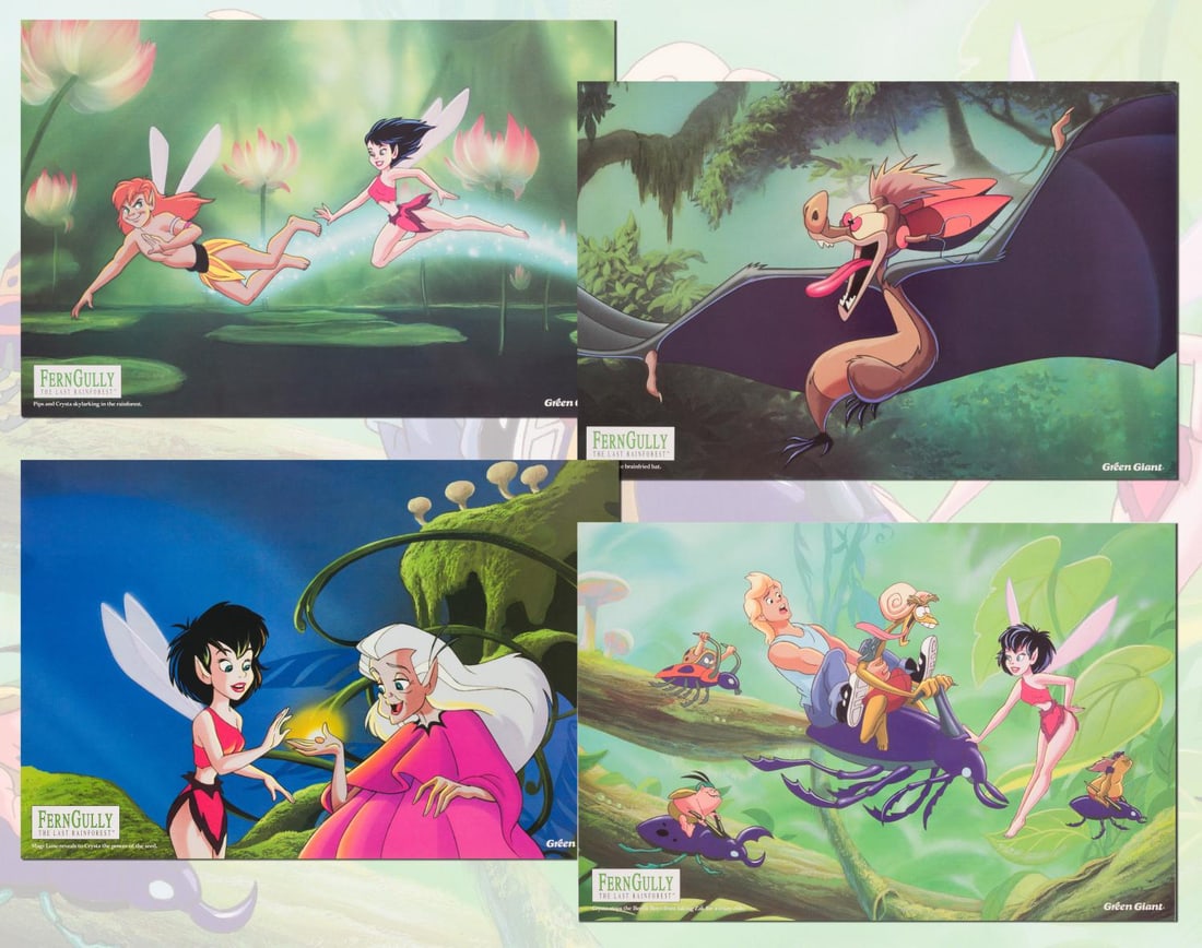 A Set of "FernGully: The Last Rainforest" Placemats.: (Pillsbury, 1991) A complete set of four placemats for Don Bluth's animated feature "FernGully: The Last Rainforest." The environment-themed film partnered with Green Giant to release these