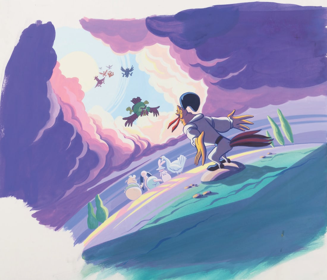 A "Rock-A-Doodle" Original Book Painting.: (Samuel Goldwyn Company, 1992) An original painting of Chanticleer bringing back the sun, created for a book inspired by the Don Bluth Productions animated film "Rock-A-Doodle." Measuring 13.5" x