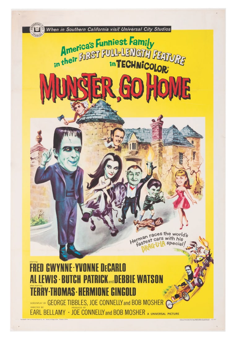 A "Munster, Go Home" One-Sheet.: (Universal, 1966) An original one-sheet for the comedy horror film "Munster, Go Home." The film was based on the popular television show and featured the controversial casting of Debbie Watson as
