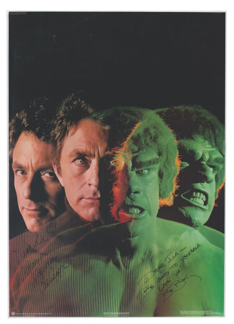 A Signed "The Incredible Hulk" Poster.: (CBS, 1979) A "The Incredible Hulk" television show poster signed by Bill Bixby and Lou Ferrigno. The laminated poster features the dramatic transformation of mild-mannered Dr. David Banner into the