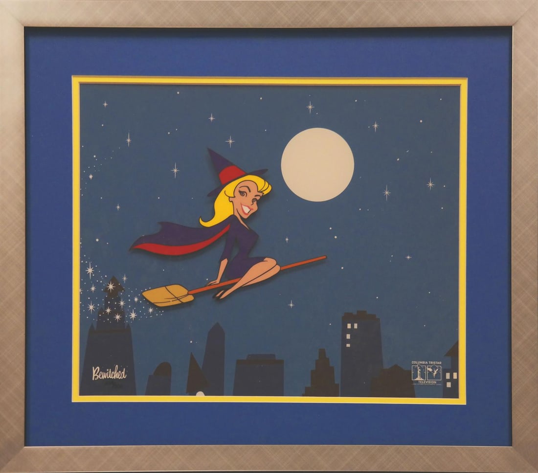 A "Bewitched" Hand-Painted Limited Edition Cel.: (Columbia, 1999) A hand-painted cel based on the animated opening credits of the classic "Bewitched" television series. The Studio-licensed cel was released by Van Eaton Galleries and is numbered 34