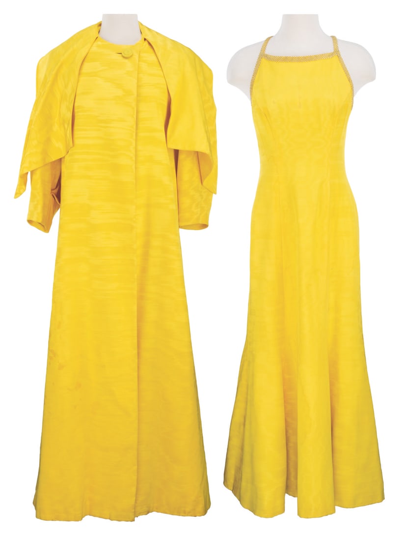 An Agnes Moorehead Dress Ensemble.: (Elis Porter, 1960s) An Elis Porter dress and jacket with a built-in cape worn by Agnes Moorehead for personal appearances. Moorehead starred as the witch Endora in the ABC series "Bewitched." The