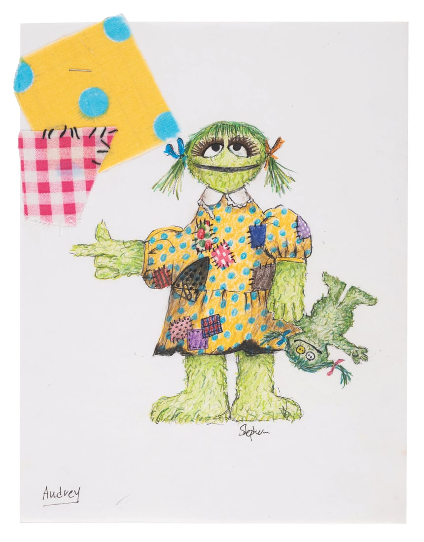 A "Sesame Street" Grouch Costume Concept with Fabric Samples.: (Sesame Workshop, 1980s-2000s) An original costume concept drawing and a pair of fabric samples for an unaired "Sesame Street" Oscar the Grouch-esque child. With an image size of 6.75" x 6.75" on