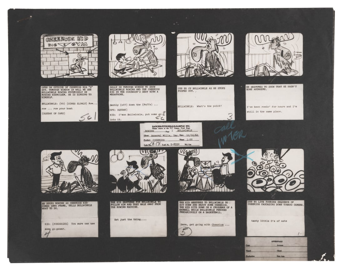 Bullwinkle Cheerios Commercial Storyboard Reference Prints.: (General Mills, 1962) Three pages of storyboard reference prints for a Cheerios commercial starring Jay Ward's Bullwinkle. The complete storyboard features an exhausted Bullwinkle working out on a