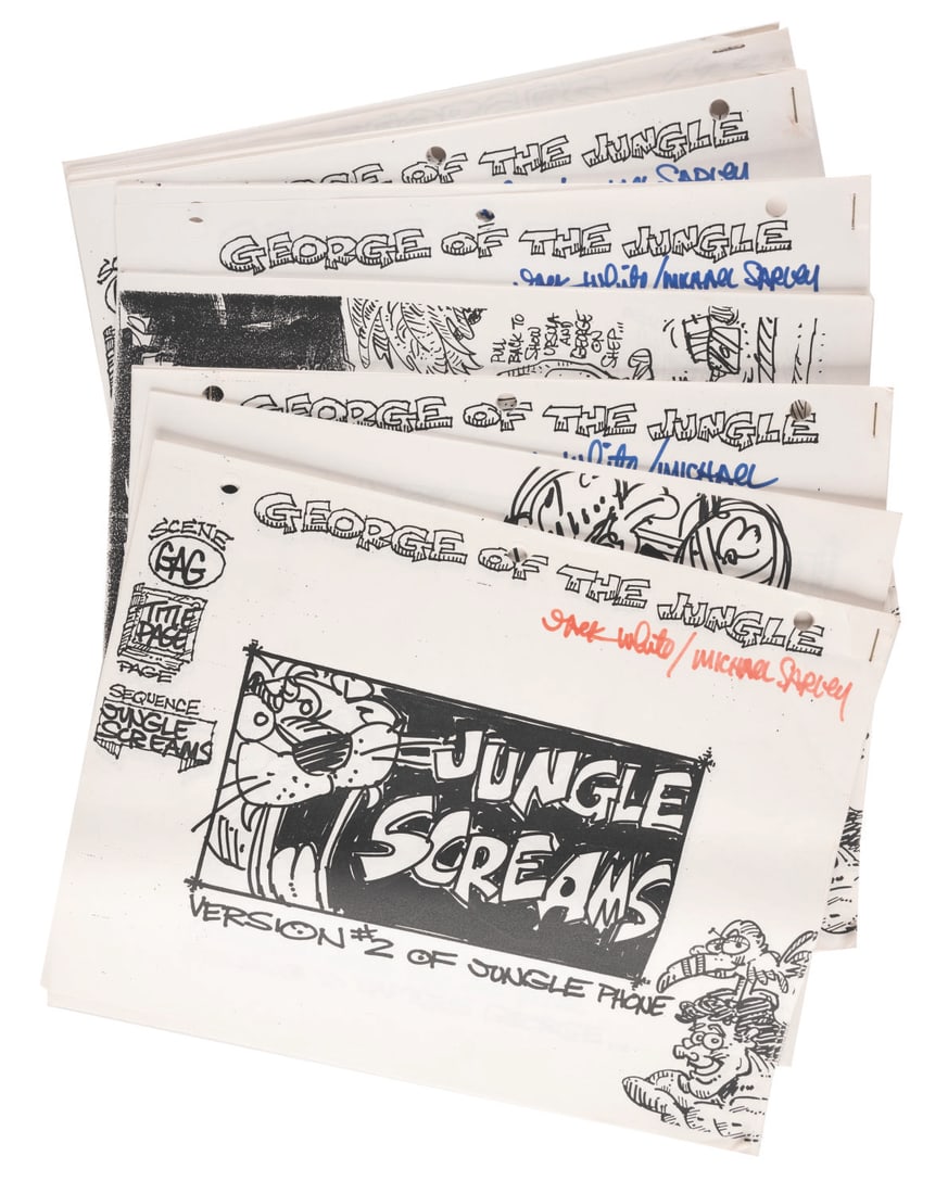A "George of the Jungle" Scene Gag Collection.: (Ward, 1967) A collection of nine booklets of photocopy scene gag drawings for Jay Ward's "George of the Jungle" television series. Included are sequences titled "The Lion Sings Tonight," "Breakfast