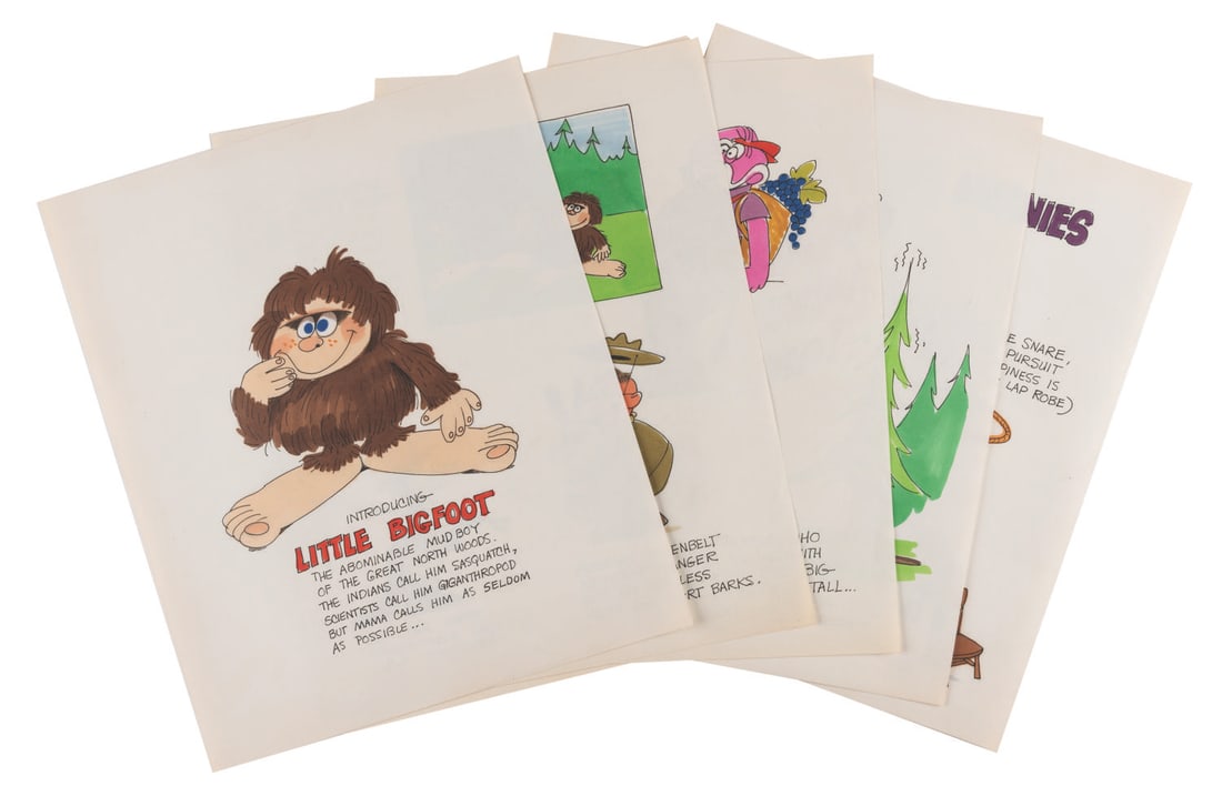 An Unproduced Jay Ward "Little Bigfoot" Pitch Book.: (Ward, 1960s) A six-page pitch book for the unproduced and previously unheard-of Jay Ward animated series "Little Bigfoot." The series would have followed the antics of the legendary sasquatch's son.