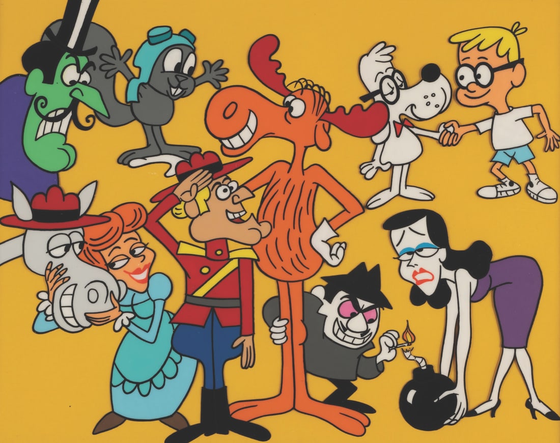 A Jay Ward Unsealed #1 Scene Cel.: (Ward, 1988) Scene Cel #1 in the Jay Ward Productions Original Animation Scene Cels Collection, featuring the main characters from "The Adventures of Rocky and Bullwinkle and Friends." The characters