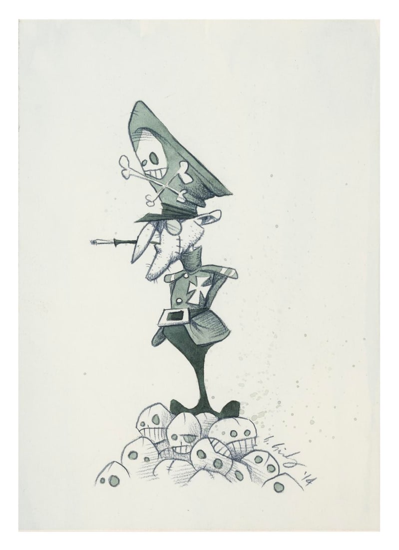 An Original Fearless Leader Illustration by Gris Grimly.: (Grimly, 2014) Original artwork by Gris Grimly of Rocky and Bullwinkle adversary Fearless Leader. Grimly, best known for his artistic influence on the Oscar-winning film "Guillermo del Toro's