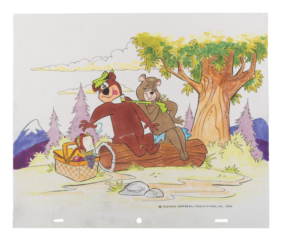 "The Yogi Bear Show" Rare Original Publicity Art.: (Hanna-Barbera, 1966) A rare original publicity drawing of Yogi and Cindy Bear for "The Yogi Bear Show." With an image size of 8.5" x 12.5" on 10.5" x 12.5" animation paper, the colored marker