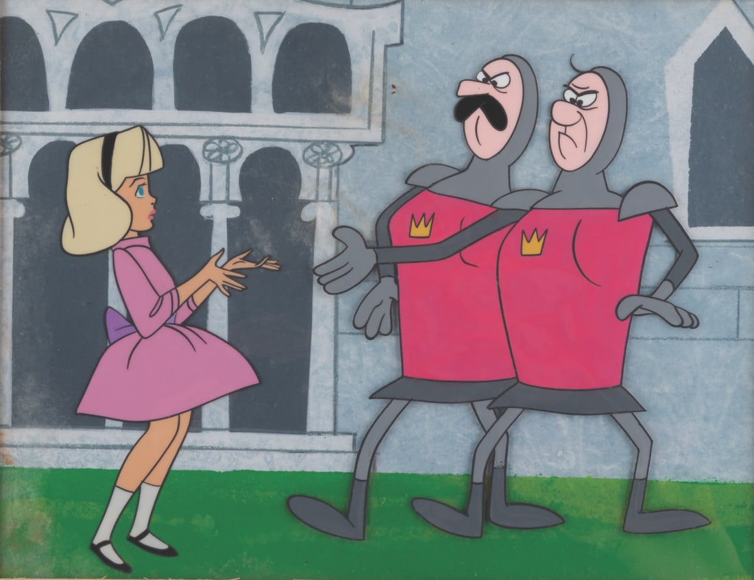 A Hanna-Barbera "Alice in Wonderland" Production Cel & Background: (Hanna-Barbera, 1966) A production cel of Alice and two castle guards and original production background from the ABC special "Alice in Wonderland or What's a Nice Kid Like You Doing in a Place Like T