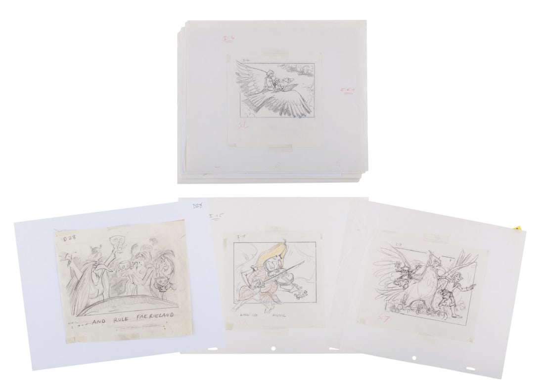 A Collection of "Faeries" Original Storyboards.: (CBS, 1981) A collection of nine storyboard drawings from the television film "Faeries," based on the book by Brian Froud and Alan Lee. With image sizes ranging from 4" x 5.25" to 6" x 8.5" on 6.5" x