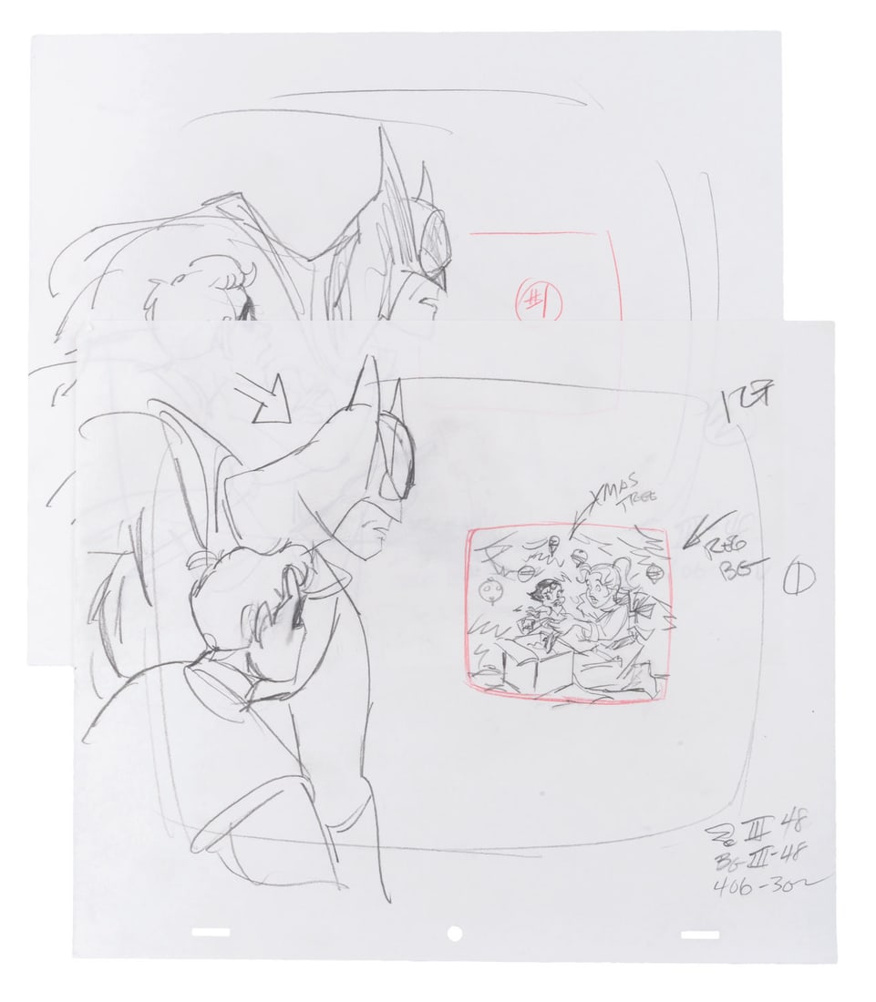 A Pair of "Batman: The Animated Series" Layout Drawings.: (Fox, 1992) A pair of original layout drawings of Batman and Robin from "Christmas with the Joker," the second episode of "Batman: The Animated Series." The episode introduced the world to Mark Hamill