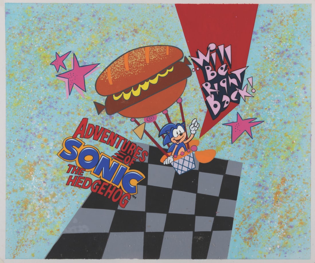 An "Adventures of Sonic the Hedgehog" Production Cel & Background.: (DiC, 1993) A hand-painted cel and original background from the animated series "Adventures of Sonic the Hedgehog," featuring Jaleel White (Urkel on "Family Matters") as Sonic. This artwork was used