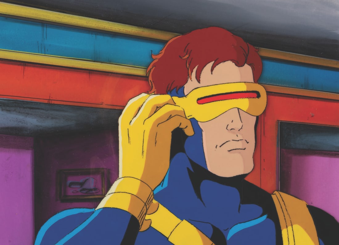 An "X-Men: The Animated Series" Cyclops Production Cel and Background.: (Fox, 1993) An original multi-layer production cel and background from "X-Men: The Animated Series" episode "Come the Apocalypse," featuring Cyclops. Cyclops has an image size of 7" x 9.25" on a