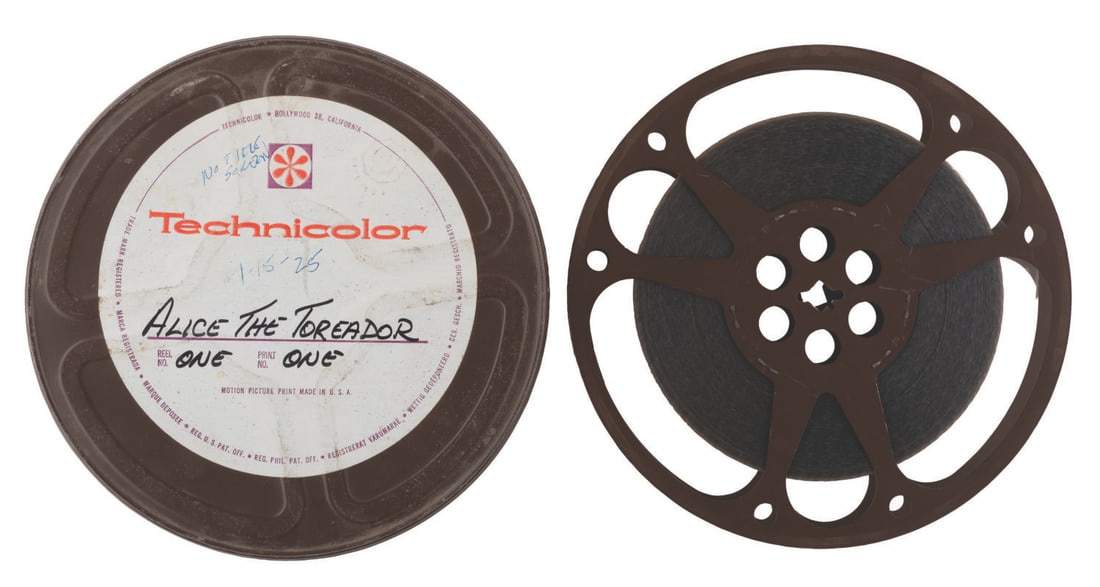 An "Alice the Toreador" Film Reel.: (Disney/ Winkler Pictures, 1925) A film reel of Walt Disney's early live-action and animated "Alice the Toreador," starring Virginia Davis, and animated by Ub Iwerks. The 16mm reel is a copy made