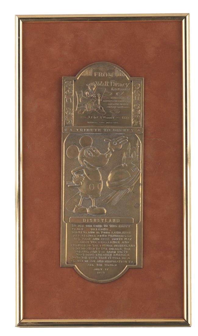 Virginia Davis' Faux Disneyland Opening Day Plaque.: (Unknown, 1970s) A custom-framed faux Disneyland plaque from the estate of Virginia Davis, child star of Walt Disney's Alice Comedies. During the 1970s, several "tribute" items appeared in the Disney