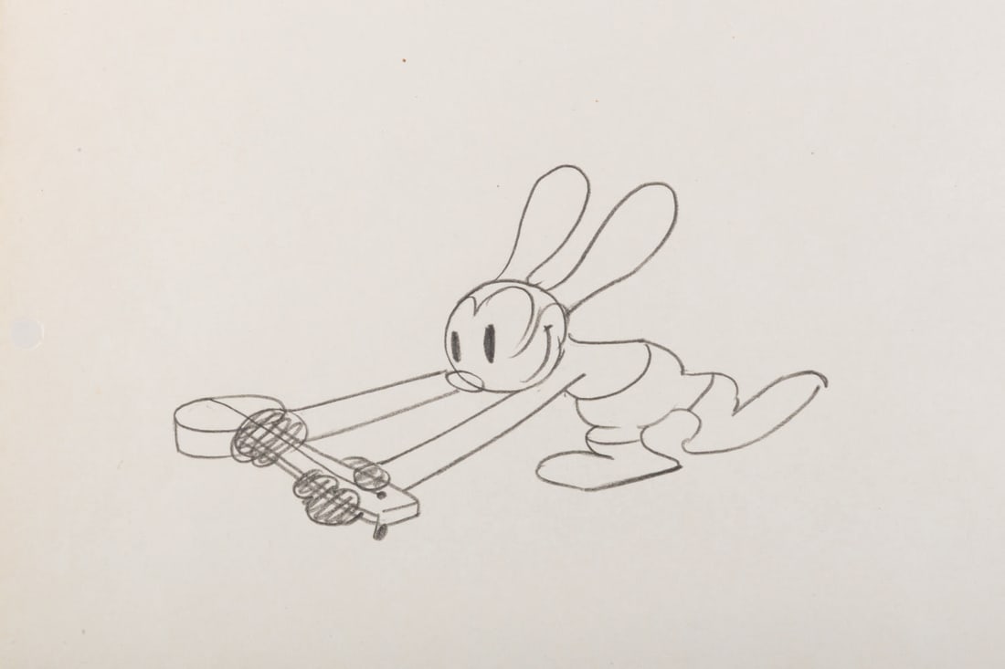 A "Rival Romeos" Oswald the Lucky Rabbit Production Drawing.: (Disney, 1928) An original production drawing of Oswald the Lucky Rabbit from the 1928 short, "Rival Romeos." With an image size of 2.75" x 5" on 8.5" x 12" trimmed animation paper, the graphite drawi