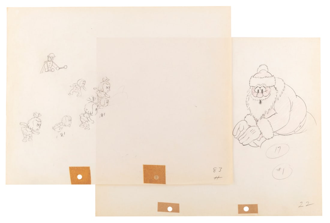 A Pair of "The Night Before Christmas" Production Drawings.: (Disney, 1933) A pair of original production drawings of Santa and toys from the early Silly Symphony short "The Night Before Christmas." With image sizes ranging from 4.5" x 4.5" to 4.75" x 4.75" on 