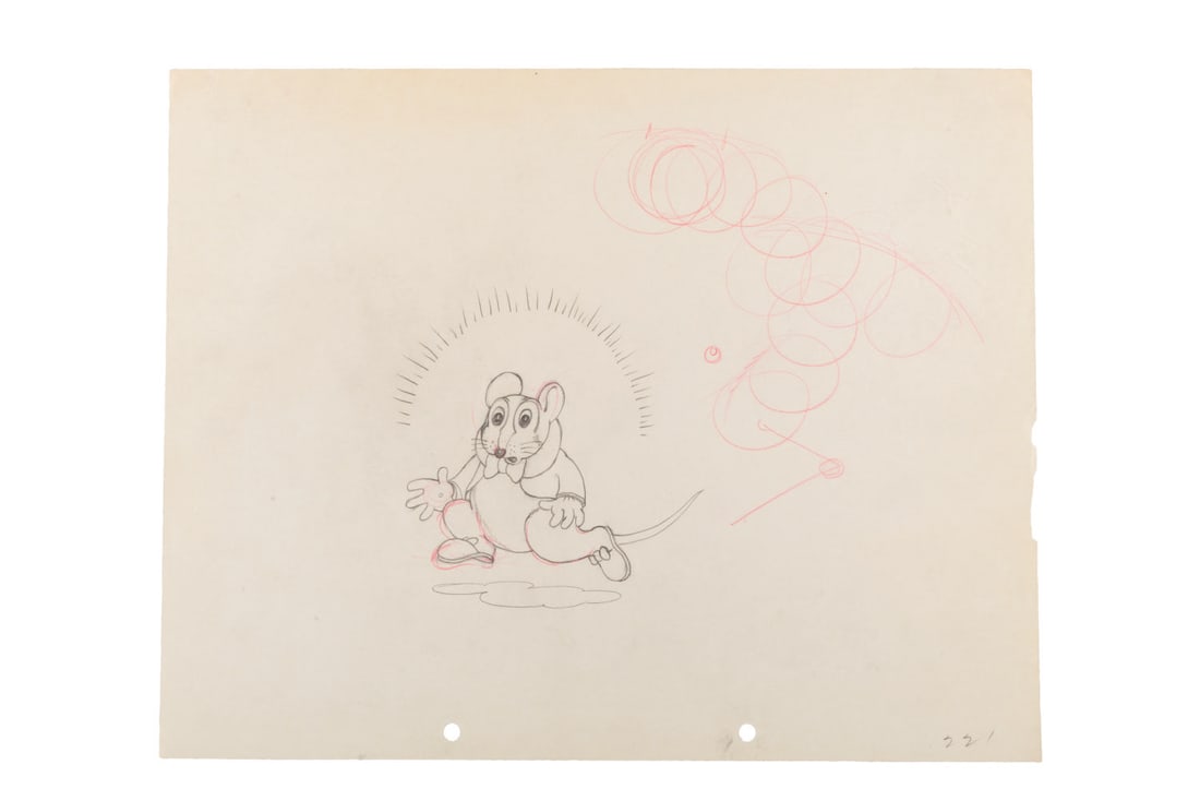 A "The Flying Mouse" Production Drawing.: (Disney, 1934) An original production drawing of the Mouse from the Silly Symphony short "The Flying Mouse." With an image size of 6.5" x 8.25" on 9.5" x 12" animation paper, the graphite and colored 