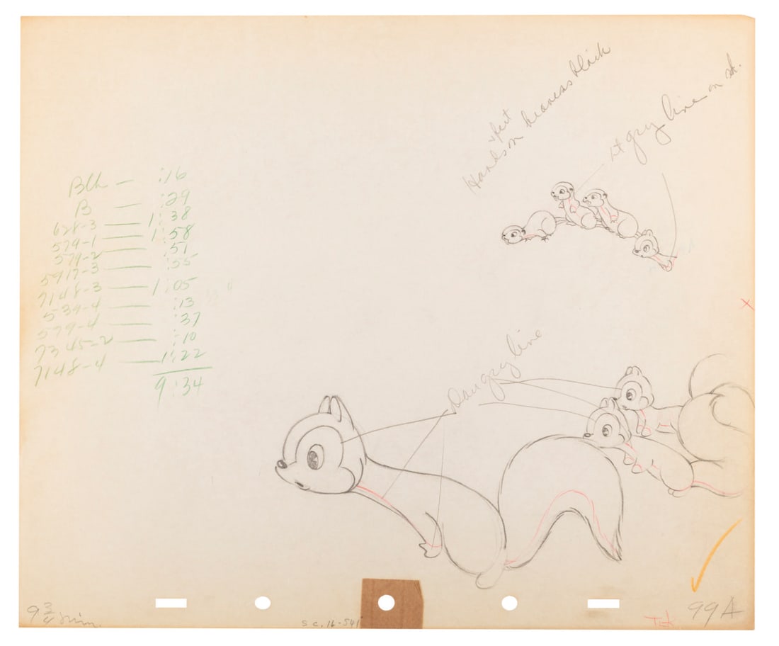 A "Little Hiawatha" Production Drawing.: (Disney, 1937) An original production drawing of Chipmunks from the Silly Symphonies short "Little Hiawatha." With an image size of 7.25" x 6.5" on 10" x 12" animation paper, the graphite and colored 