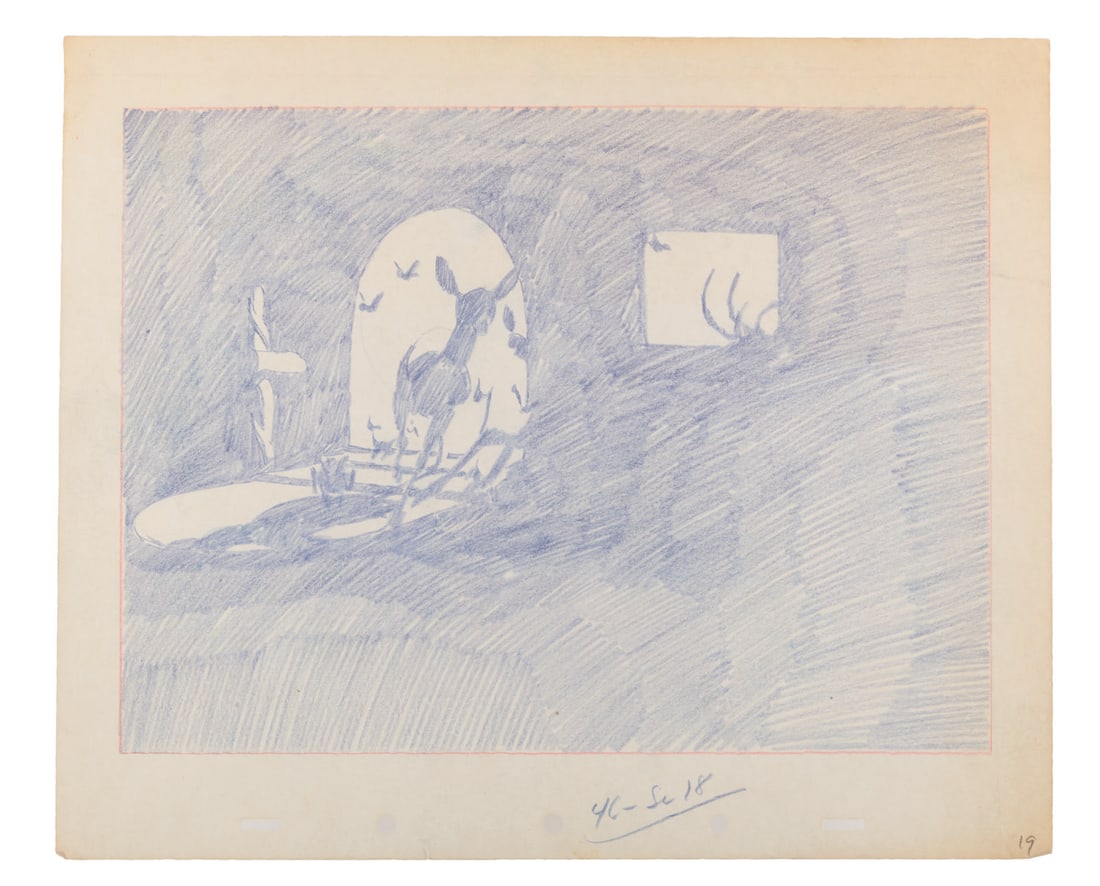 A "Snow White and the Seven Dwarfs" Background Layout Drawing.: (Disney, 1937) An original background layout drawing of the doorway of the Dwarf's cottage from "Snow White and the Seven Dwarfs." Measuring 10" x 12", the graphite and color pencil drawing is in very