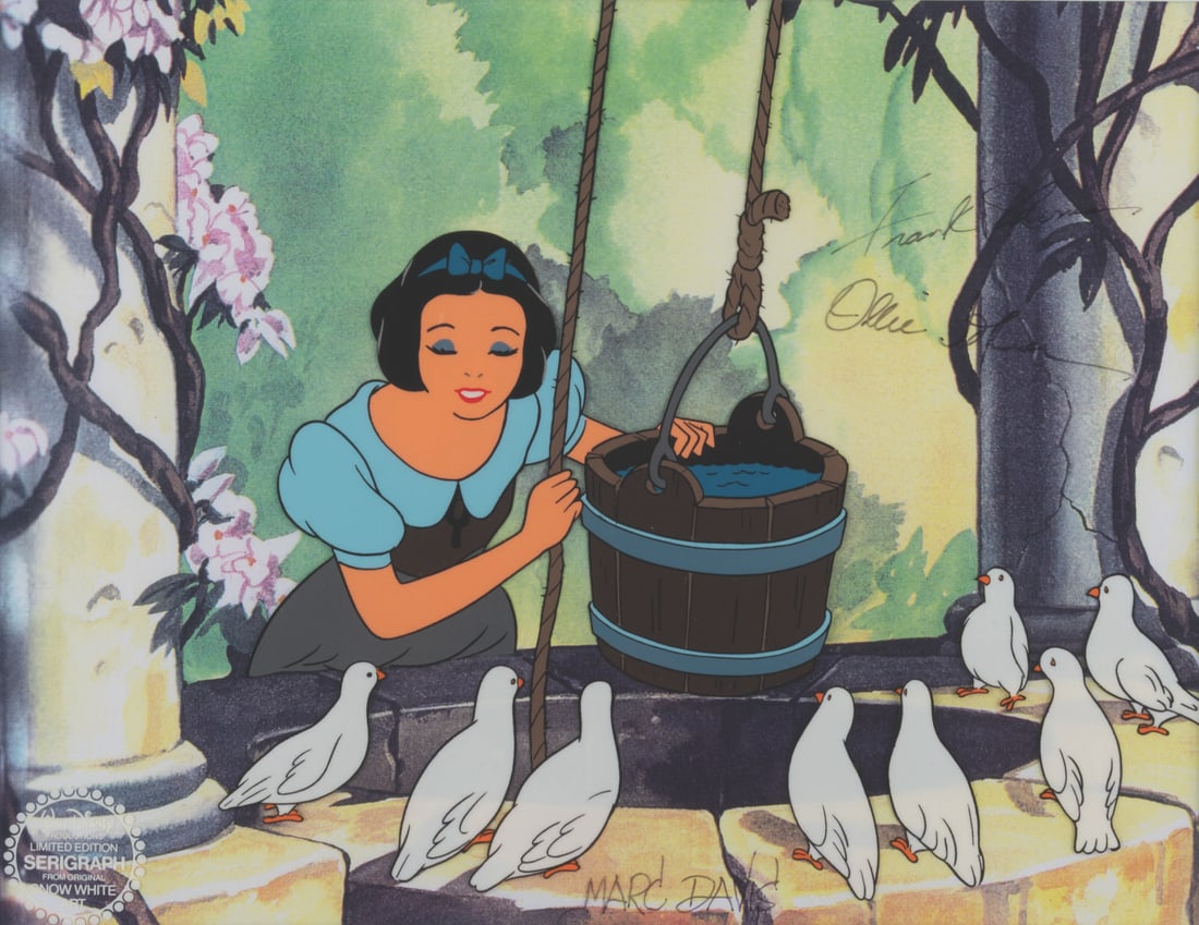 A Multi-Signed "Snow White and the Seven Dwarfs" Serigraph Cel.: (Disney, 1990s) A serigraph cel of Snow White from the wishing well scene in "Snow White and the Seven Dwarfs," signed by Disney Legends Marc Davis, Ollie Johnston, and Frank Thomas. This matted and