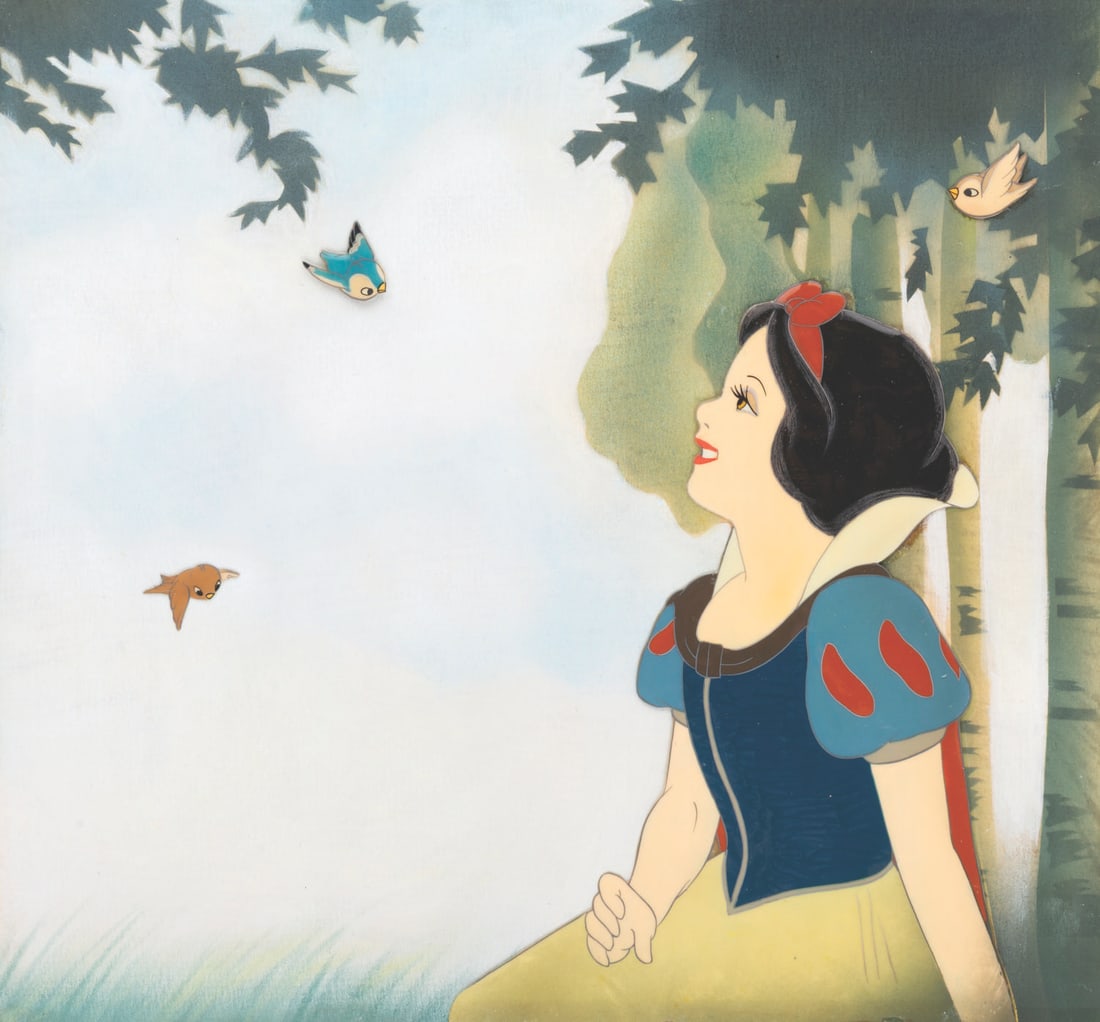 A "Snow White and the Seven Dwarfs" Original Production Cel.: (Disney, 1937) An original multi-layer production cel from "Snow White and the Seven Dwarfs." The cels have been trimmed to image and applied to a custom airbrushed background as prepared for sale by