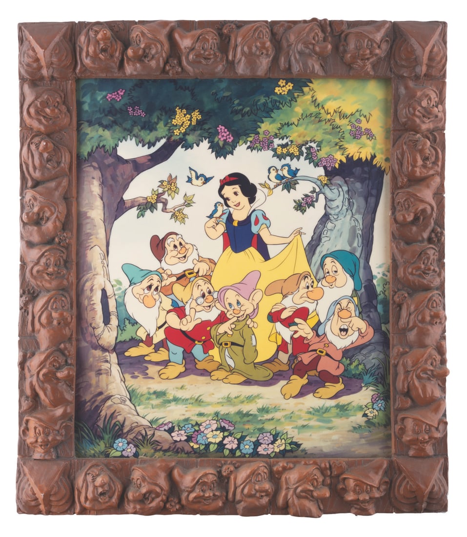 A "Snow White and the Seven Dwarfs" Framed Print.: (Disney, 1980s-2000s) A print of "Snow White and the Seven Dwarfs" in an elaborate faux wood resin frame featuring reliefs of the Dwarf's on each side. The 14.5" x 17.5" print on foam core and the