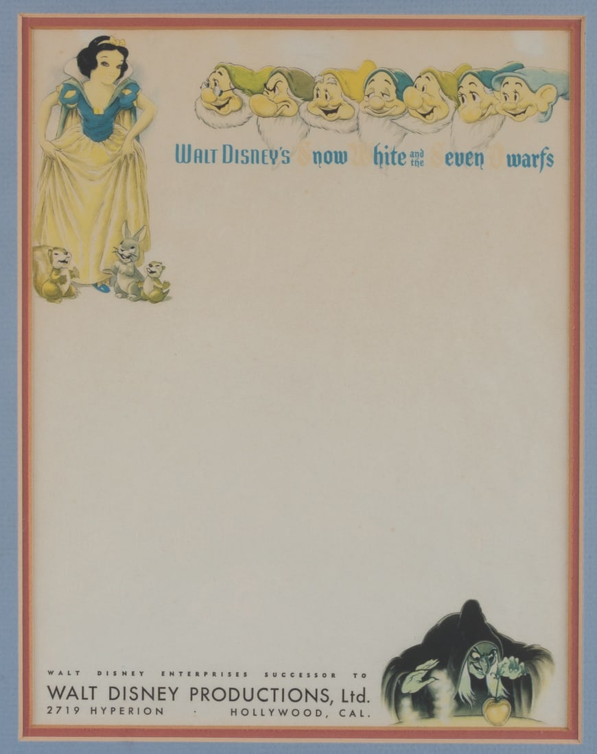 A Sheet of Disney Studio "Snow White" Letterhead.: (Disney, 1937) A sheet of Walt Disney Productions stationery from the Studio's first feature, "Snow White and the Seven Dwarfs." This stationery was created and used only for correspondence during the