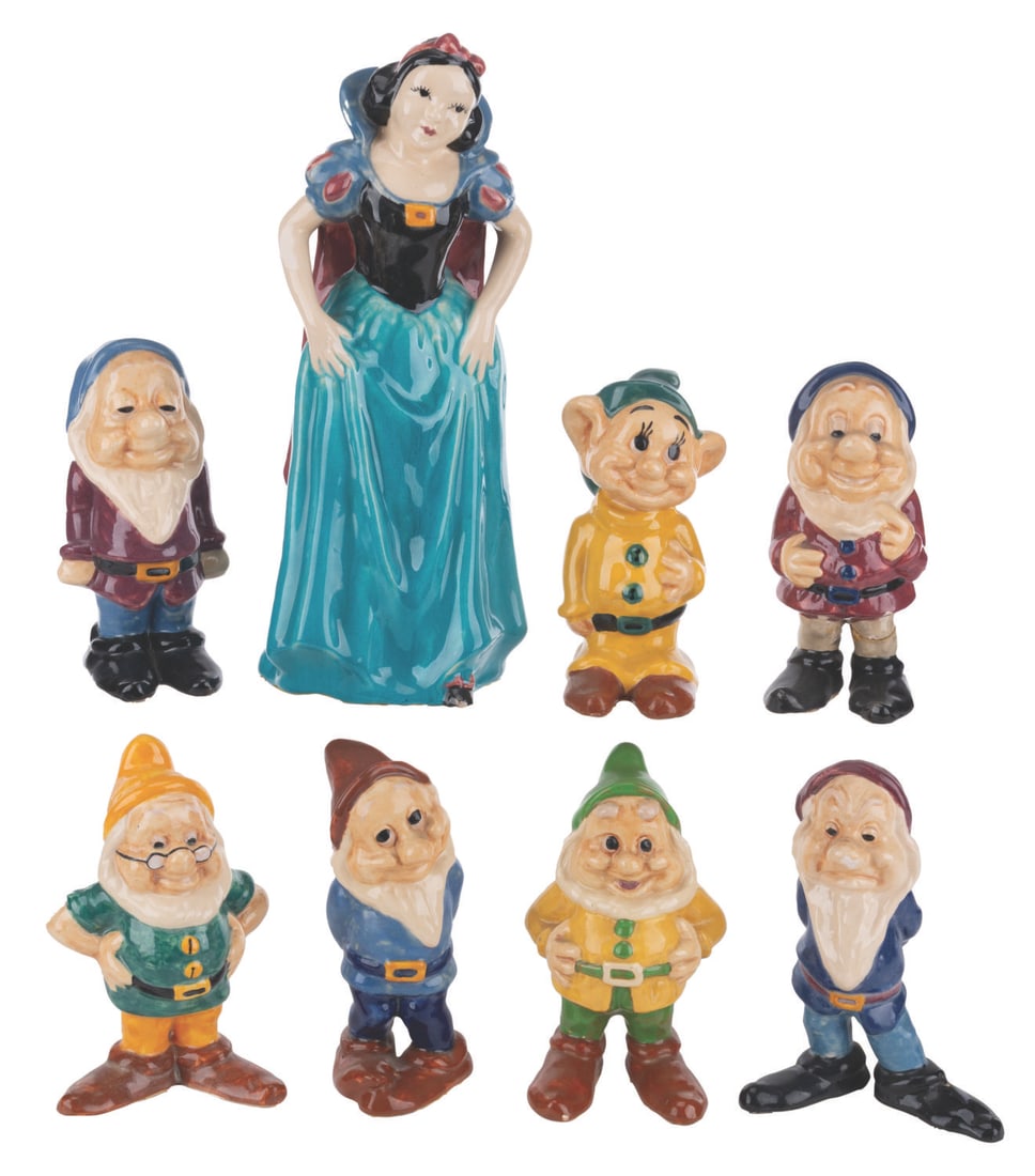 A "Snow White and the Seven Dwarfs" Brayton Laguna Figurine Set.: (Brayton Laguna, 1938) A complete set of eight "Snow White and the Seven Dwarfs" figurines by Brayton Laguna Pottery. The ceramics manufacturer was the first in California licensed to produce Disney c